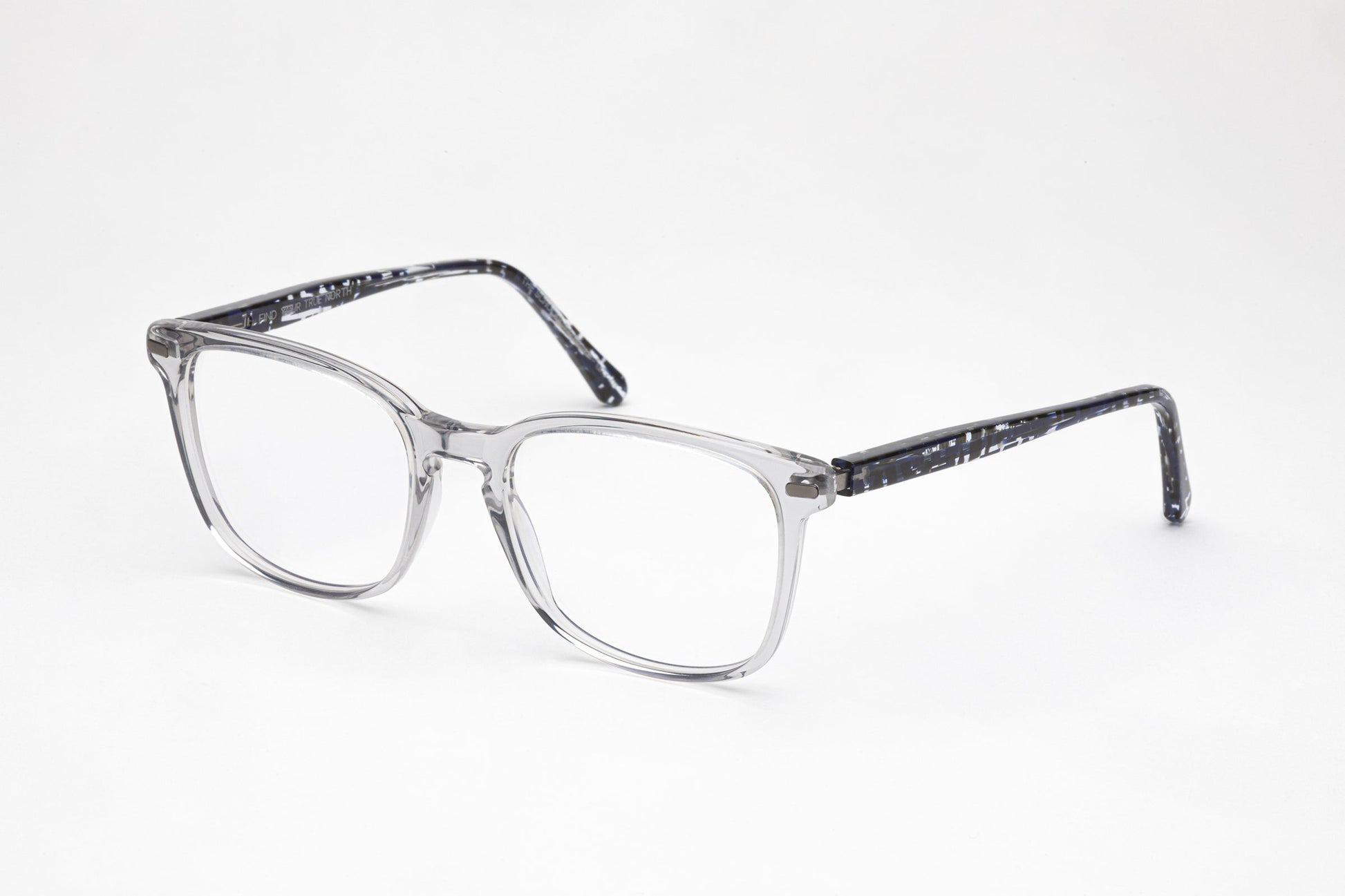 Angled View - The Scholar 3 | Transparent Grey Acetate Frame – Square Designer Prescription Glasses - Low Nose Bridge