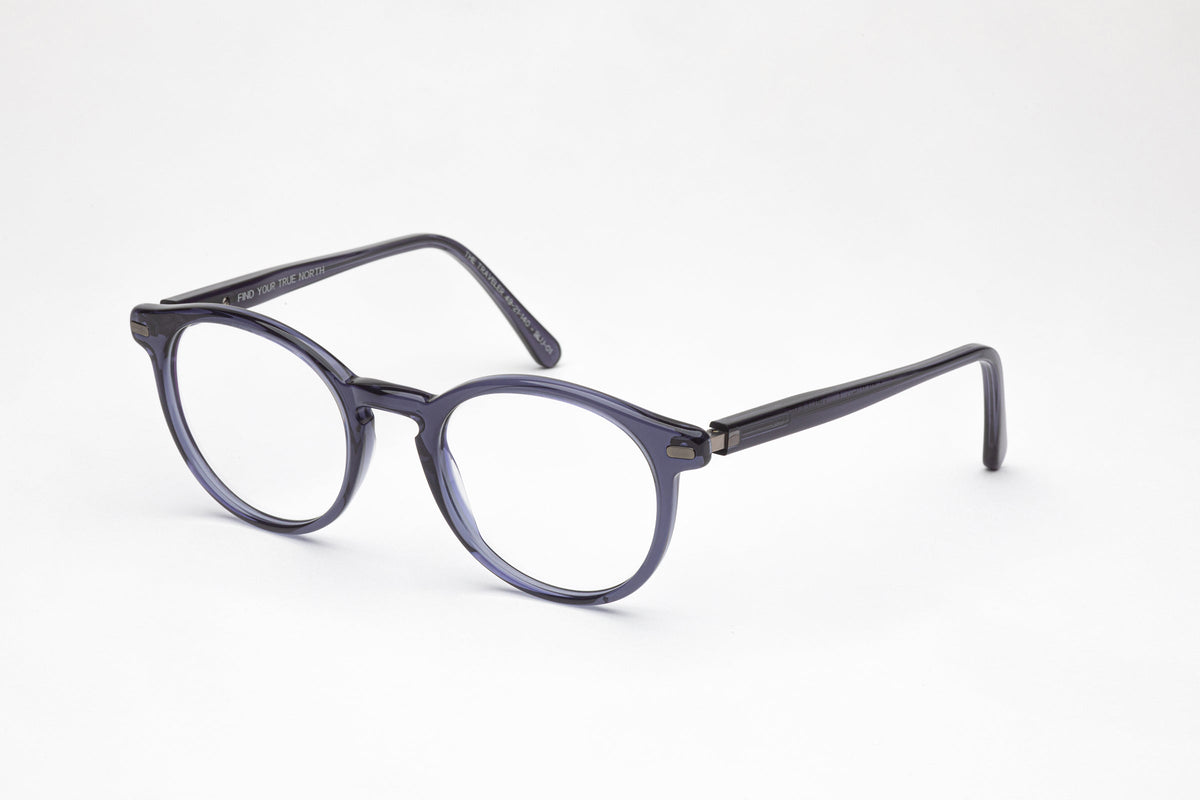 Angled View - The Traveler 2 | Blue Acetate Frame – Low Nose Bridge Glasses 