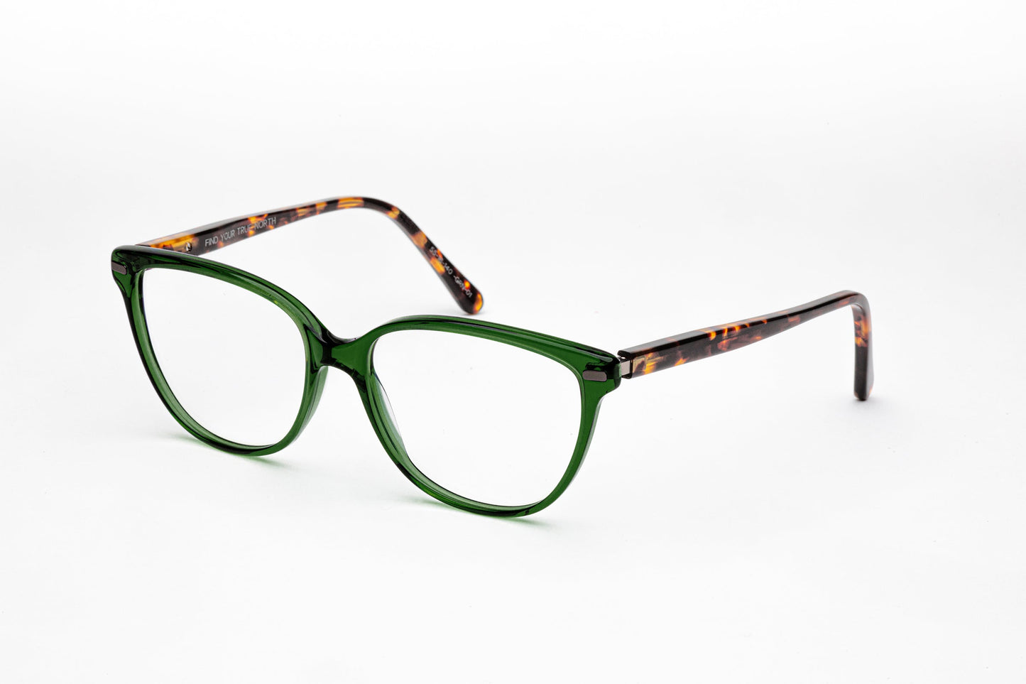 Angled View - The Humanist 3 | Oval Cat Eye Designer Prescription Eyeglasses – Green & Tortoiseshell Stems