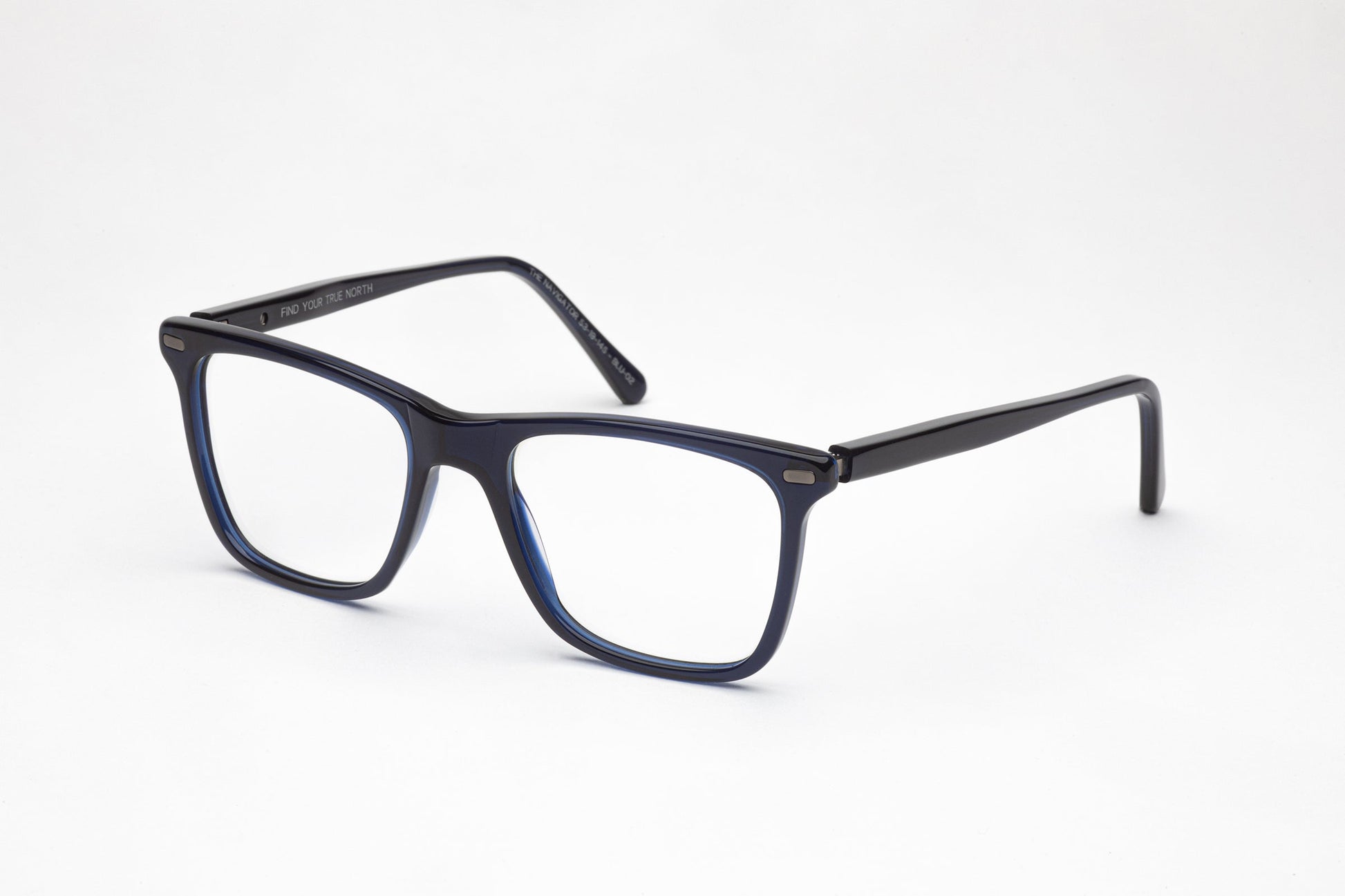 Angled View - The Navigator 3 | Square Frame - Designer Prescription Glasses – Dark Blue