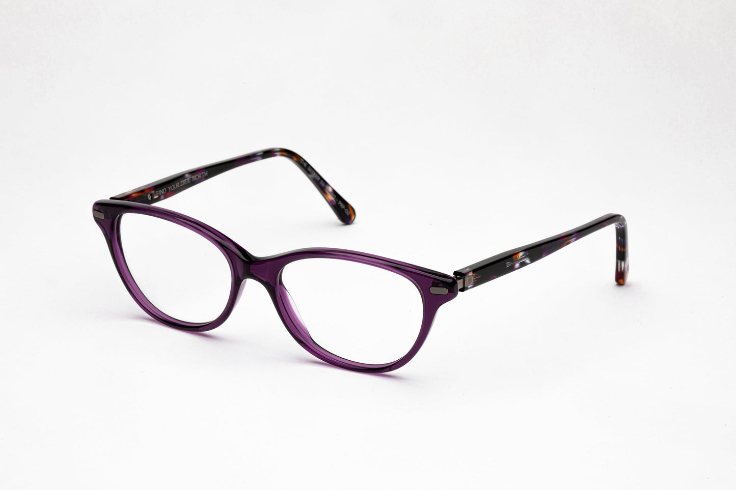 Angled view -Purple cateye glasses with patterned stems