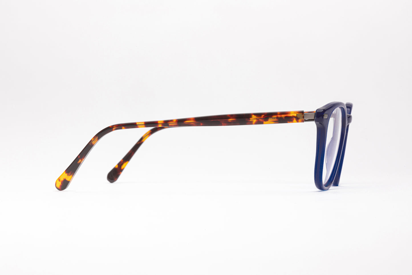 Side View - The Altruist | Square Designer Prescription Glasses with Low Nose Bridge - Blue Frames with Tortoiseshell Stems