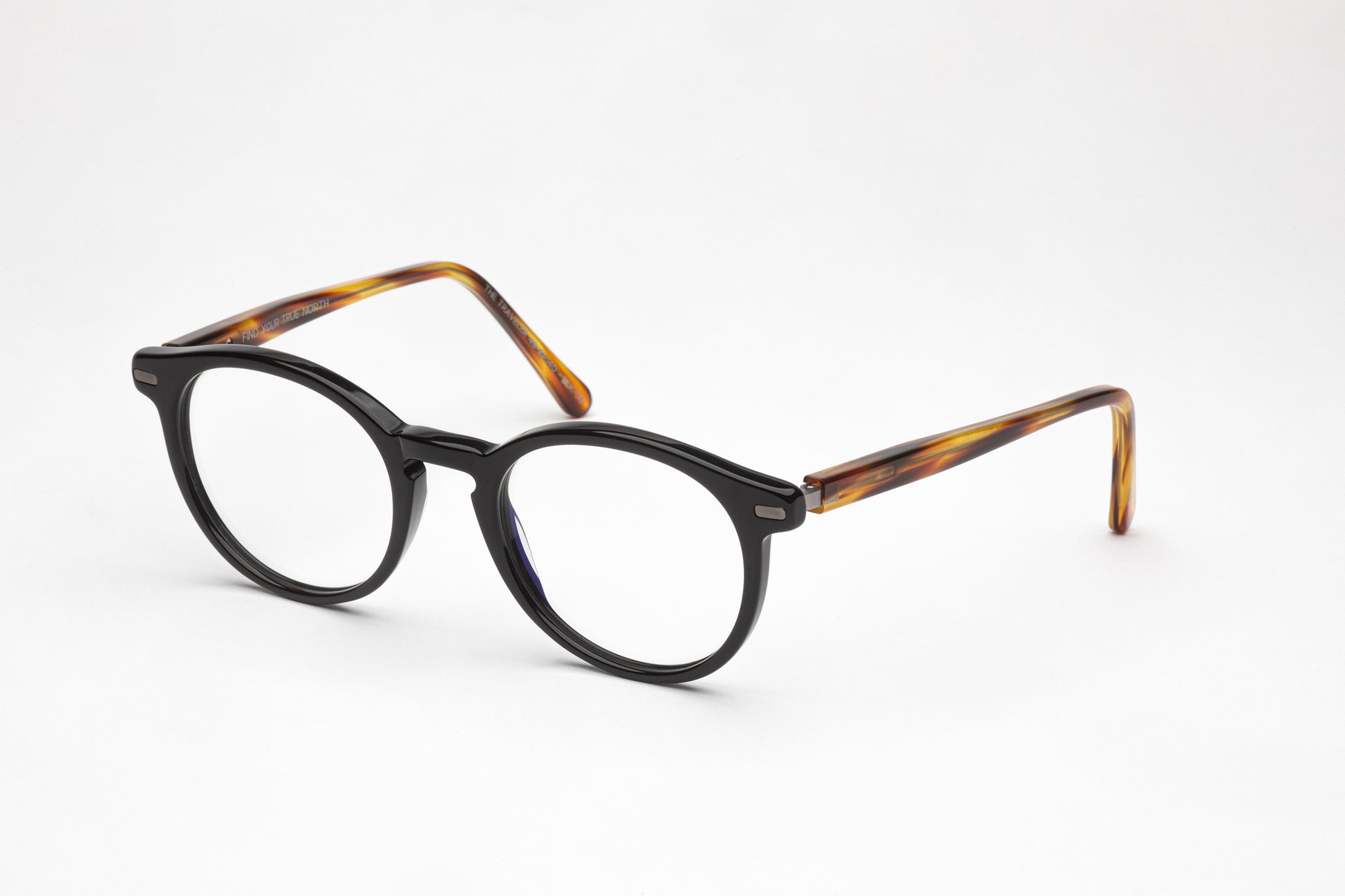 Angled View - The Traveler | Black Acetate Frame with Tortoiseshell stems – Low Nose Bridge Glasses 
