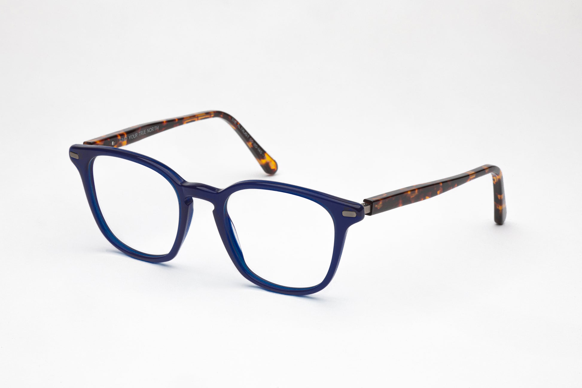 Angled View - The Altruist | Square Designer Prescription Glasses with Low Nose Bridge - Blue Frames with Tortoiseshell Stems