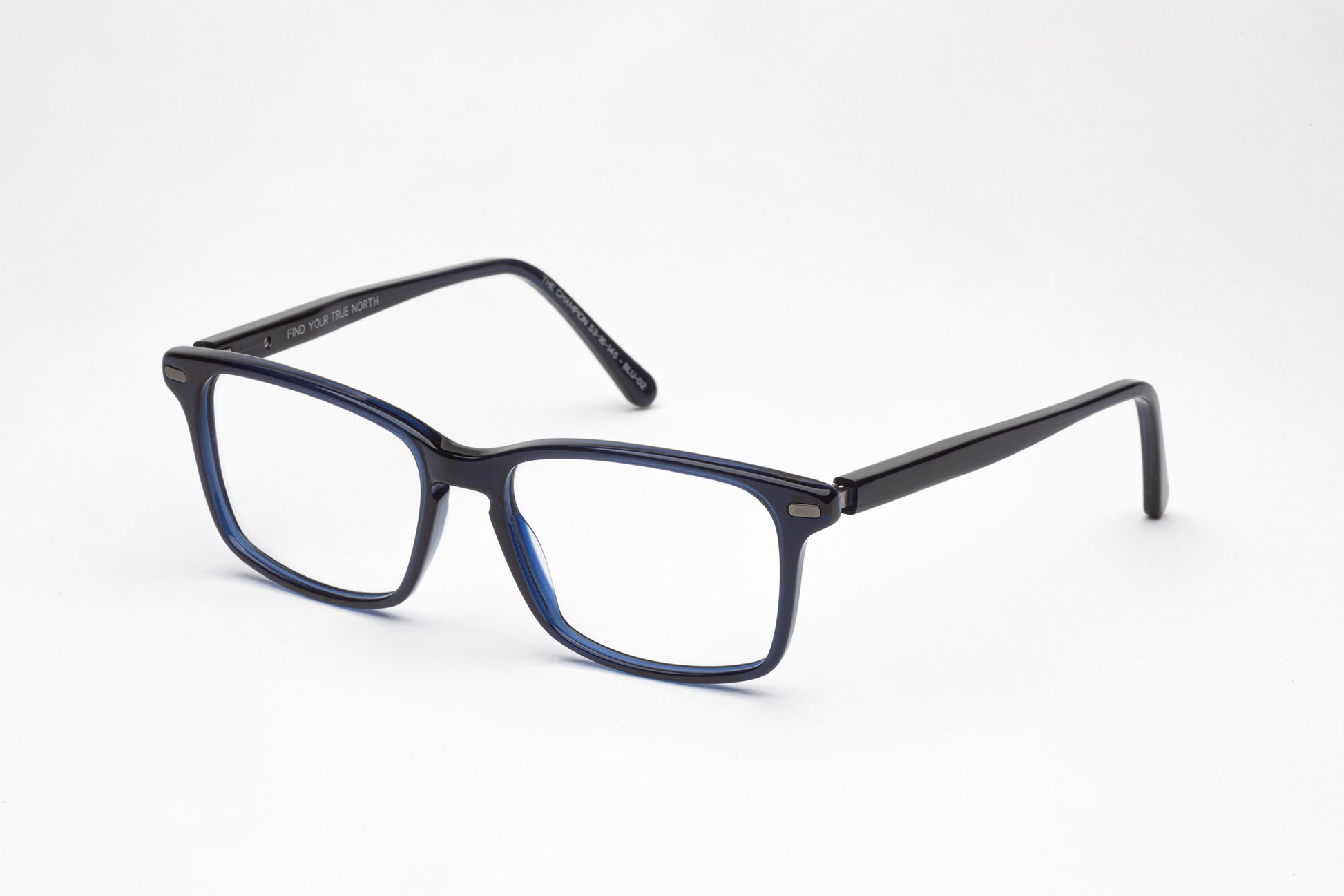 Angled View - The Champion | Dark Blue Designer Prescription Glasses with Oversized Rectangular Frames