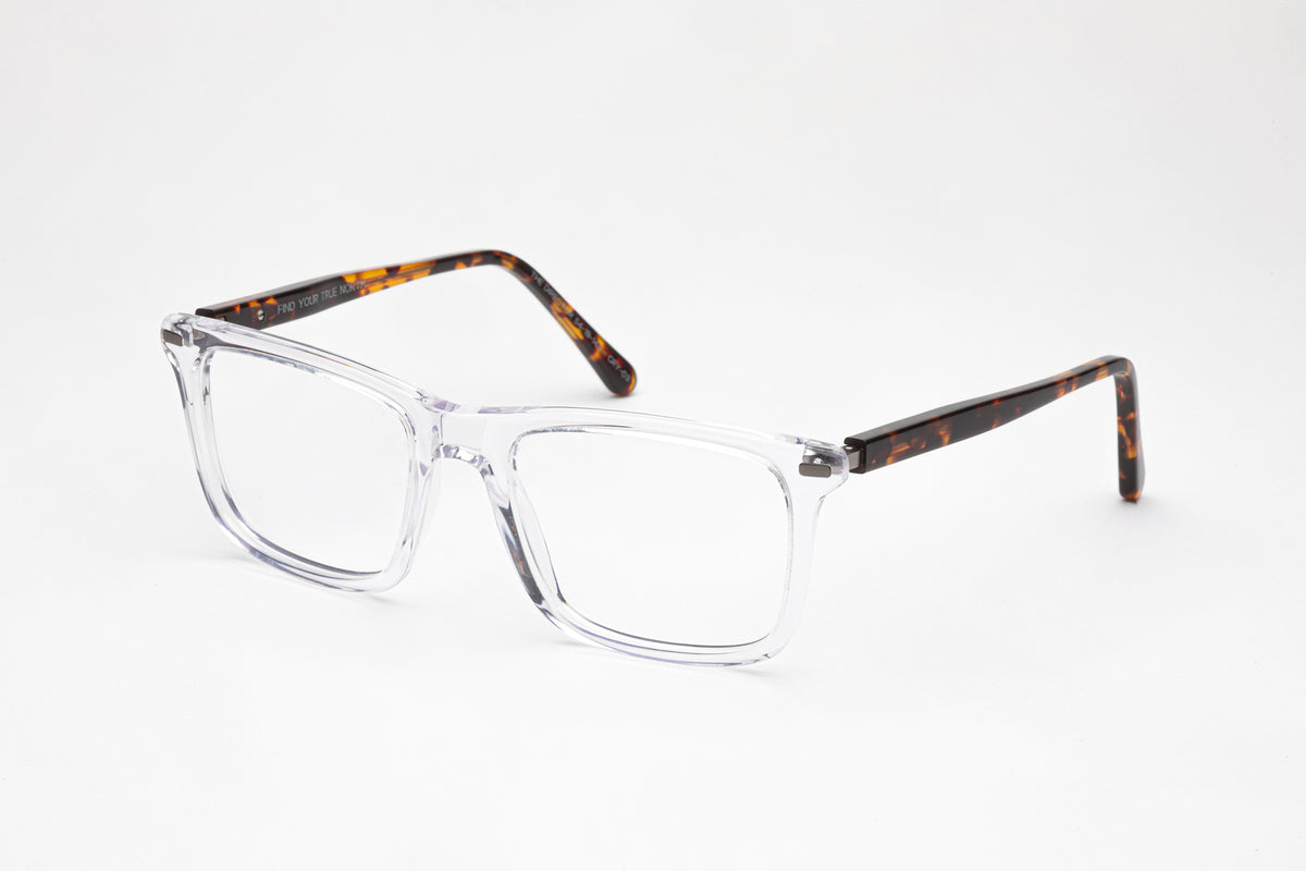 Angled View - The Director | Clear Frame Glasses - Designer Prescription Glasses with Oversized Rectangular Frames – Tortoiseshell Stems